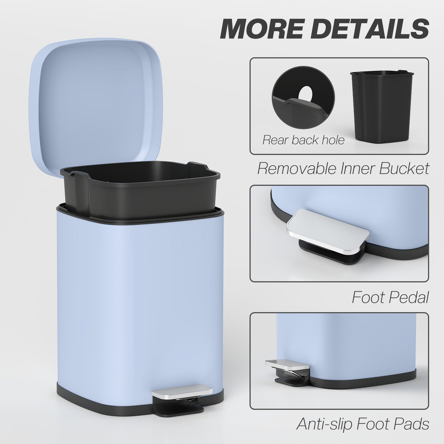 HOMCOM 12L Modern Boxy Metal Kitchen Bin With Pedal And Soft Close Light Blue Lid