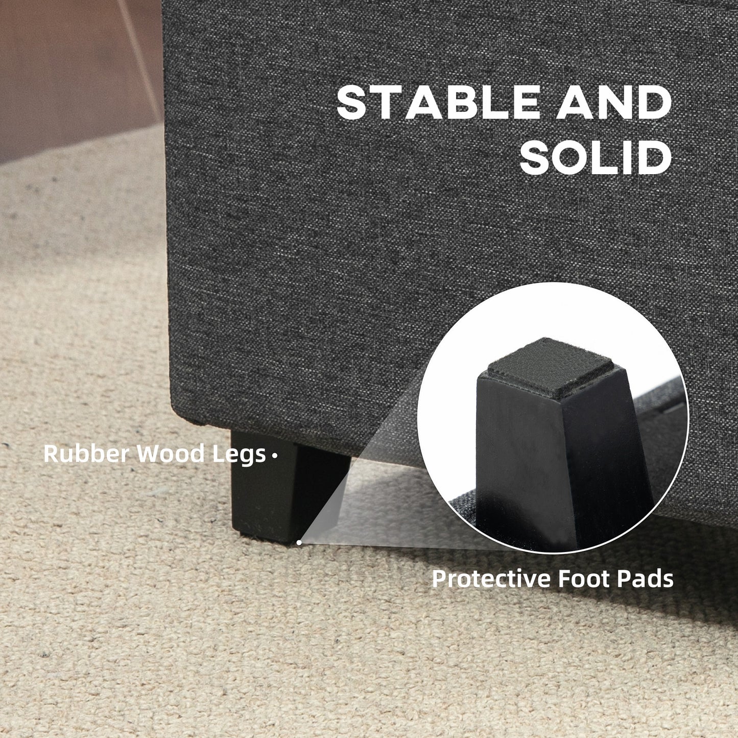 HOMCOM Square Footstool With Side Pocket Linen Fabric Ottoman Padded Seat Rubber Wood Legs Grey 35cm