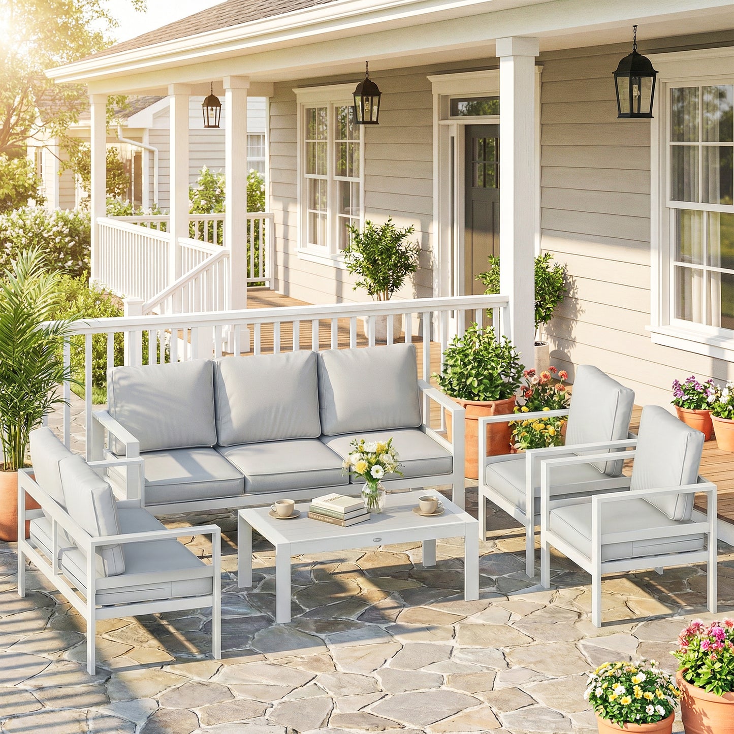 Outsunny 5 Piece Aluminium Garden Furniture Set With Olefin Cushions Extra Deep Outdoor Sofa White