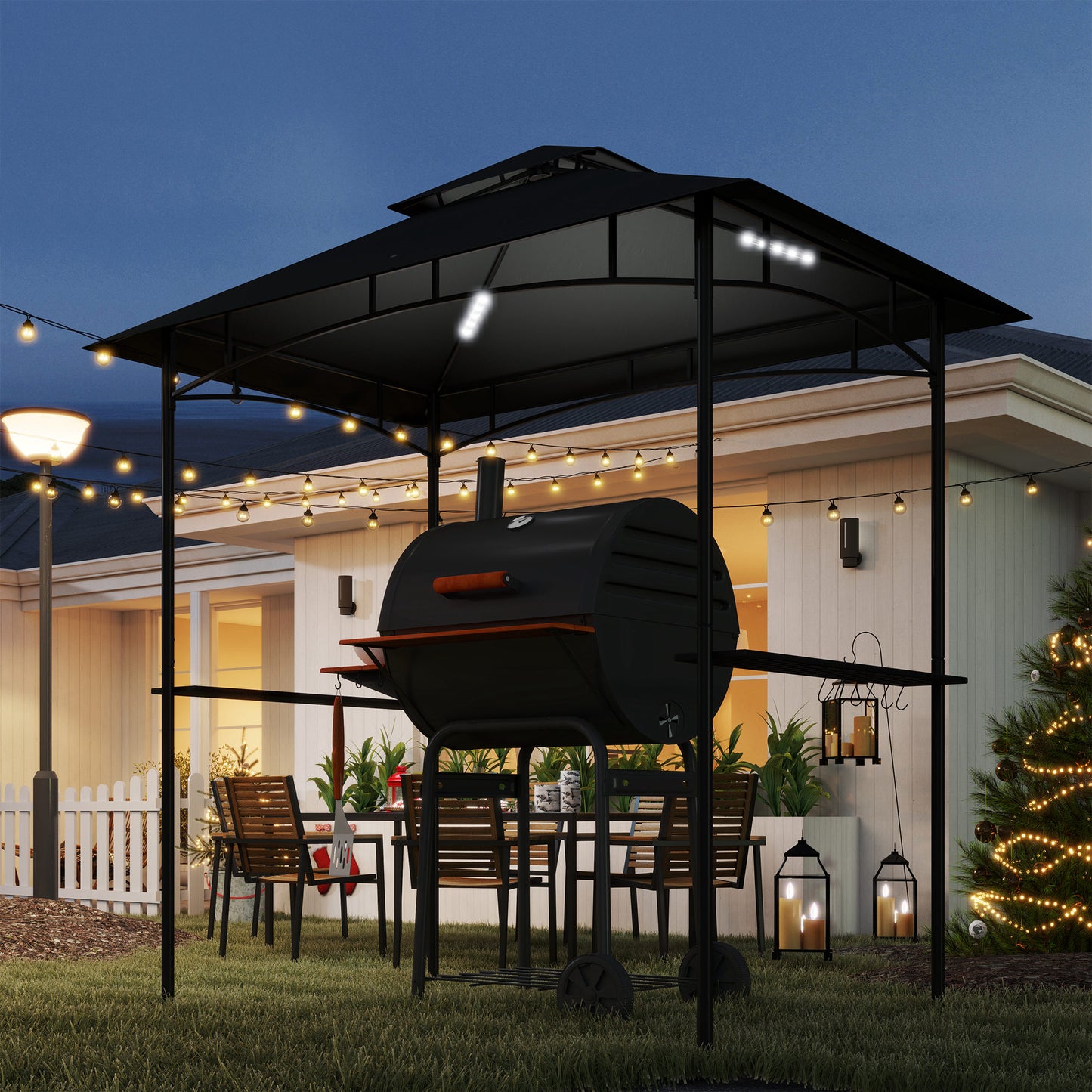 Outsunny 8 By 5 Ft Grill Gazebo With Double Tier Canopy LED Lights 2 Side Shelves And Hooks Dark Grey