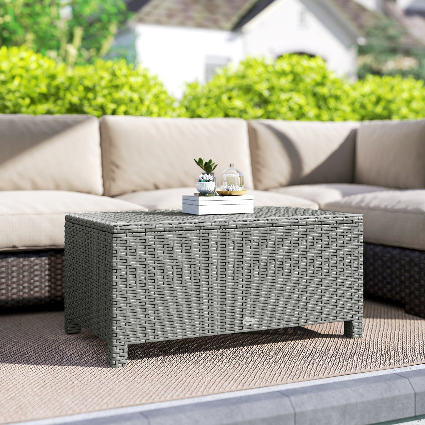 Outsunny Rattan Garden Coffee Table With Glass Top In Light Grey With Sturdy Metal Frame For Outdoor Patio