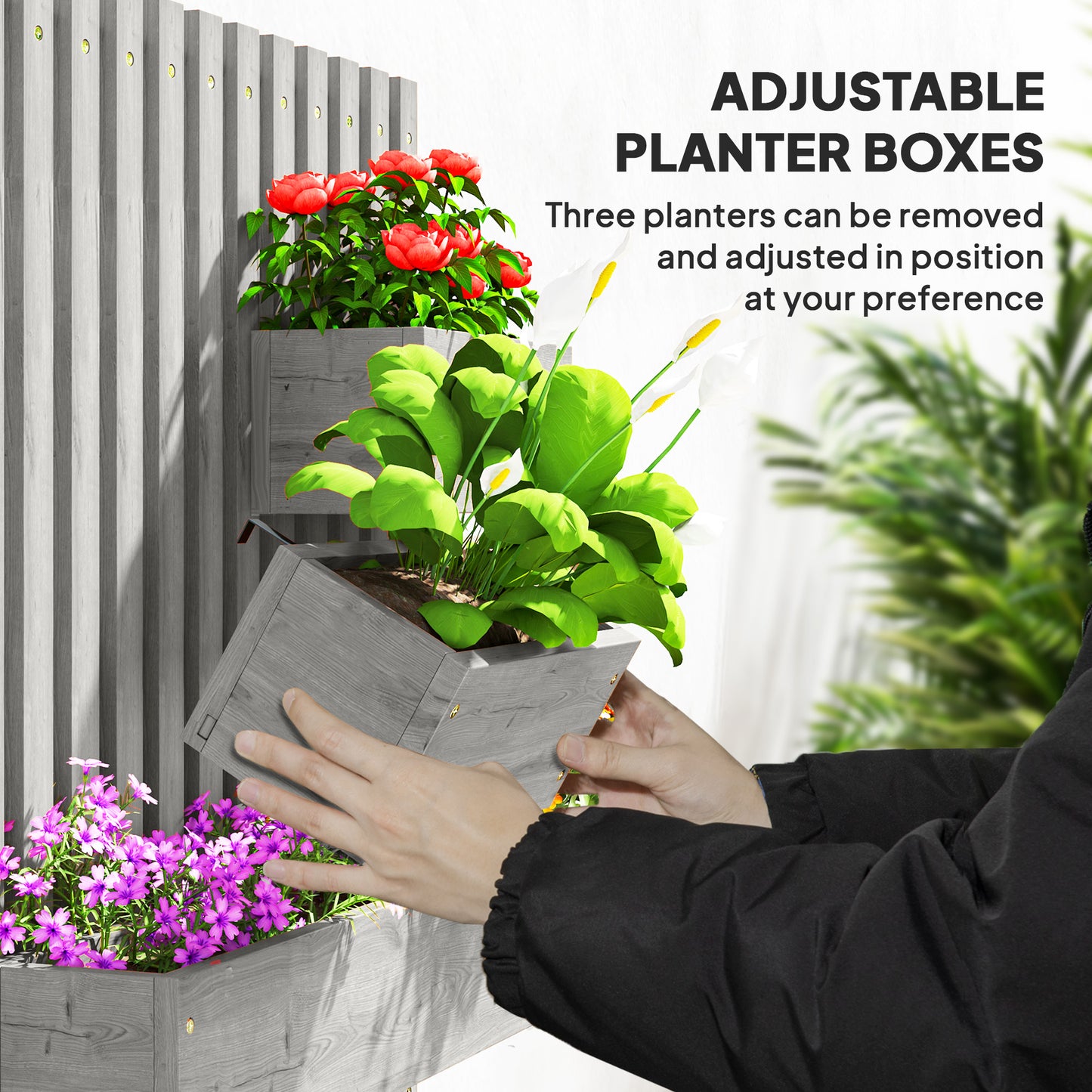 Outsunny Wall Mounted Wooden Garden Planters With Trellis And Drainage Holes Three Planter Boxes For Patio Grey
