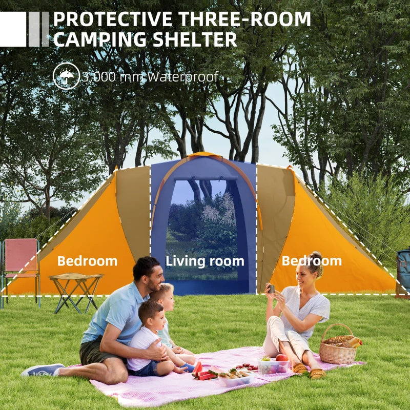 Outsunny Large Camping Tent with 2 Bedrooms, Living Area | 2000mm Waterproof, Portable 4-6 Person Tent in Orange | Includes Convenient Carry Bag - ALL4U RETAILER LTD