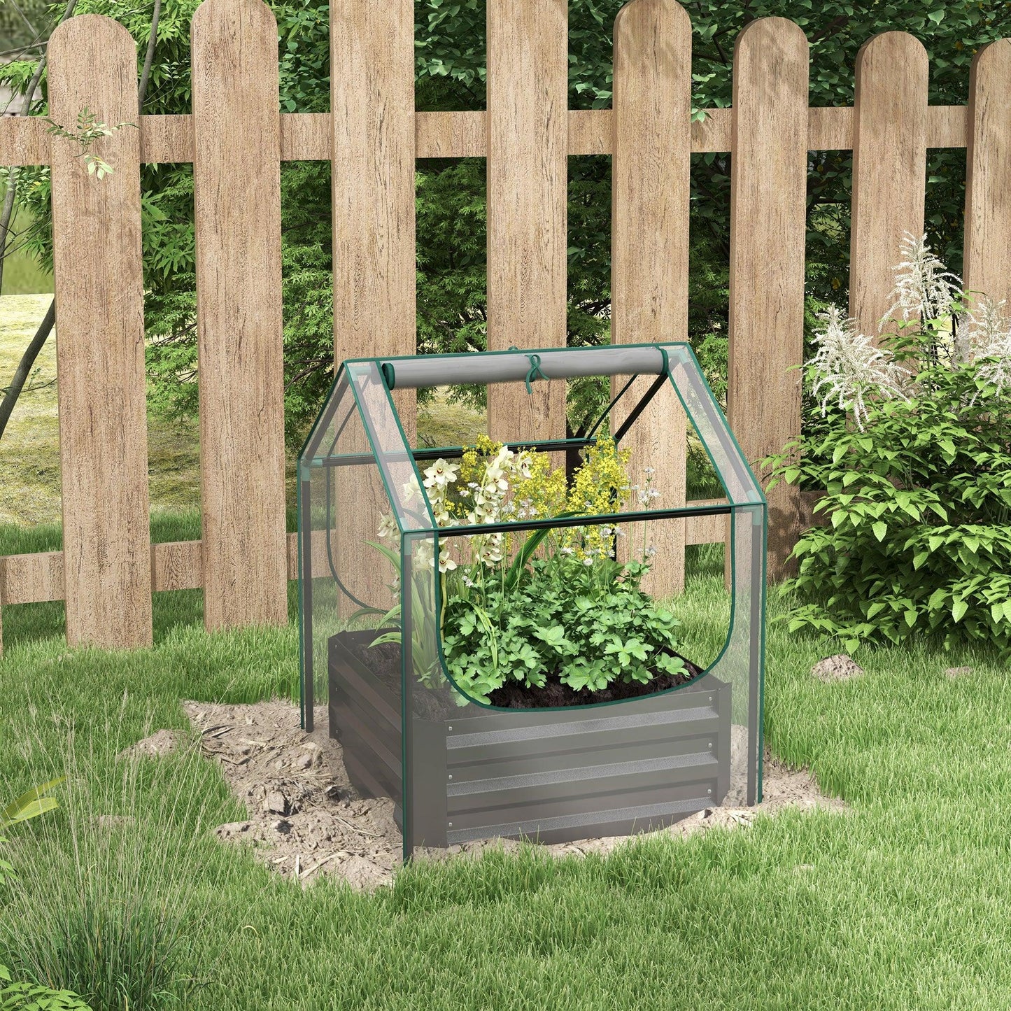 Outsunny Metal Planter Box with Cover, Raised Garden Bed with Greenhouse, for Herbs and Vegetables, Clear and Dark Grey - ALL4U RETAILER LTD