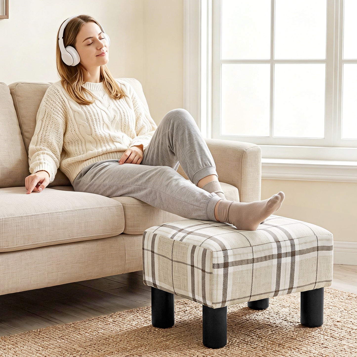 HOMCOM Linen Fabric Footstool Ottoman Cube With 4 Plastic Legs Multicolored Upholstered Stool For Living Room