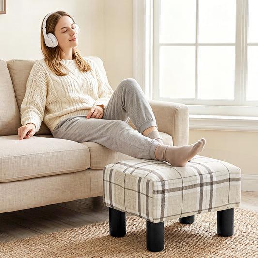 HOMCOM Linen Fabric Footstool Ottoman Cube With 4 Plastic Legs Multicolored Upholstered Stool For Living Room