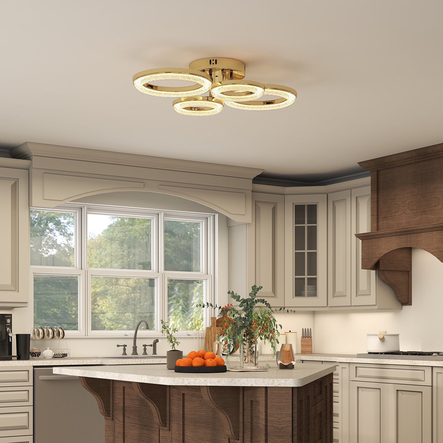 HOMCOM LED Ceiling Light 4 Ring Modern Flush Mount With Wall Switch Control 40W 4350lm 3500K 4500K 6000K Gold Tone