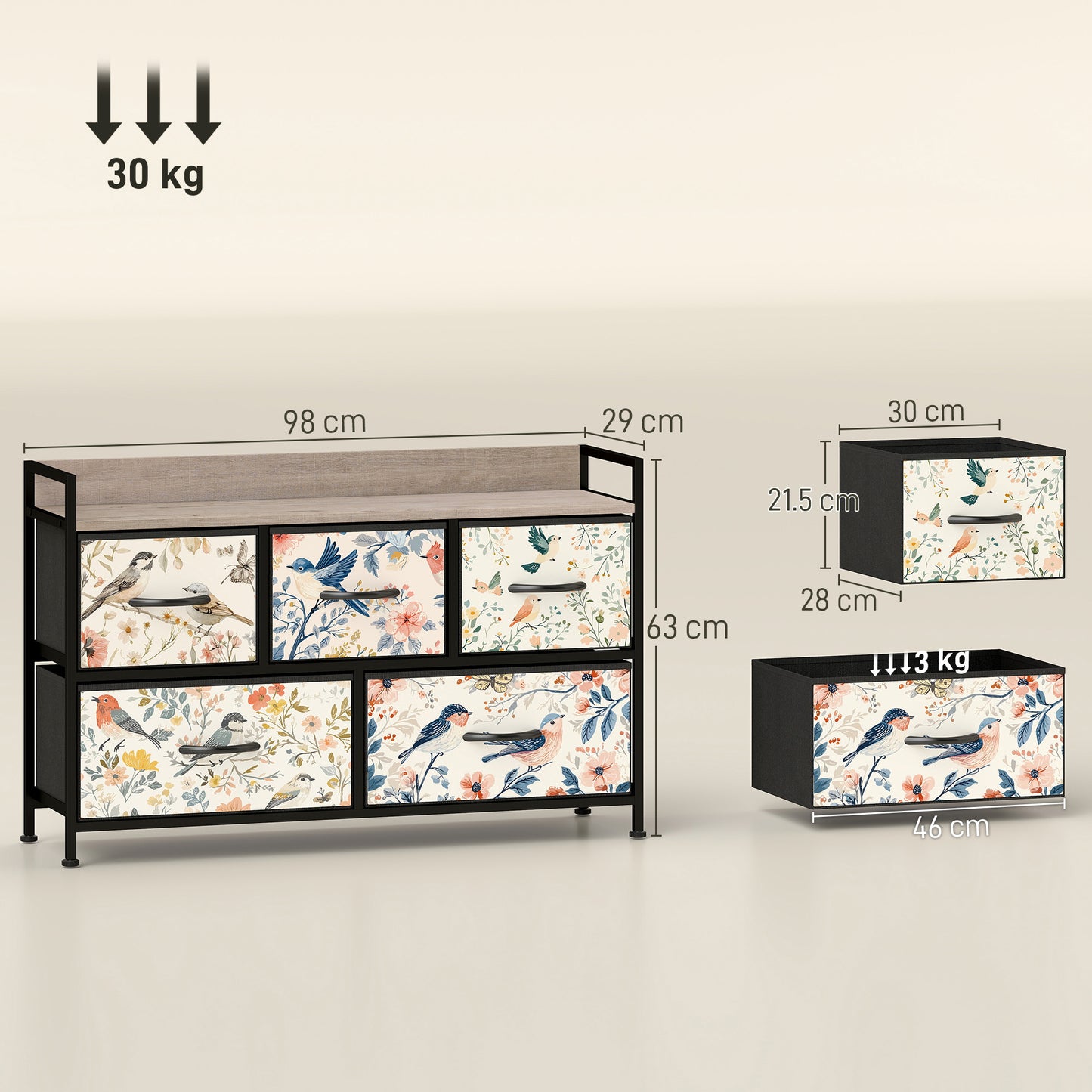 HOMCOM Five Drawer Fabric Chest of Drawers in White With Removable Foldable Fabric Drawers and Patterned Panel Fronts