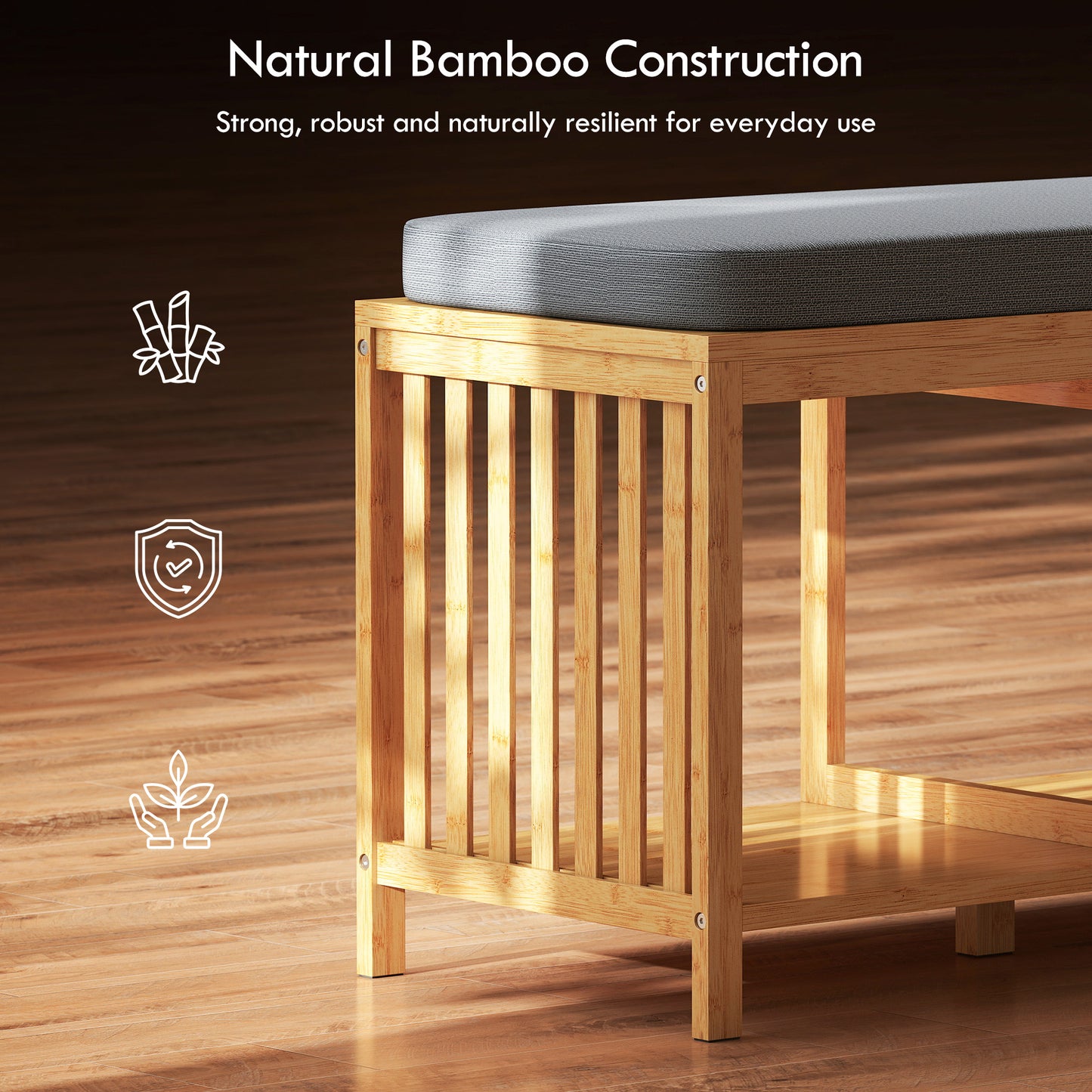 HOMCOM Bamboo Shoe Bench With Padded Cushion And Storage Open Shelf Entryway Organizer In Natural Wood Finish