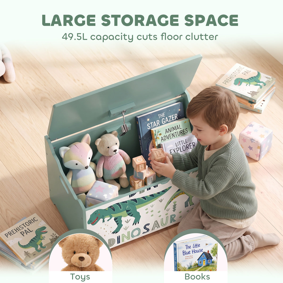 Green kids toy storage chest with lid open, dinosaur graphic front and stuffed toys