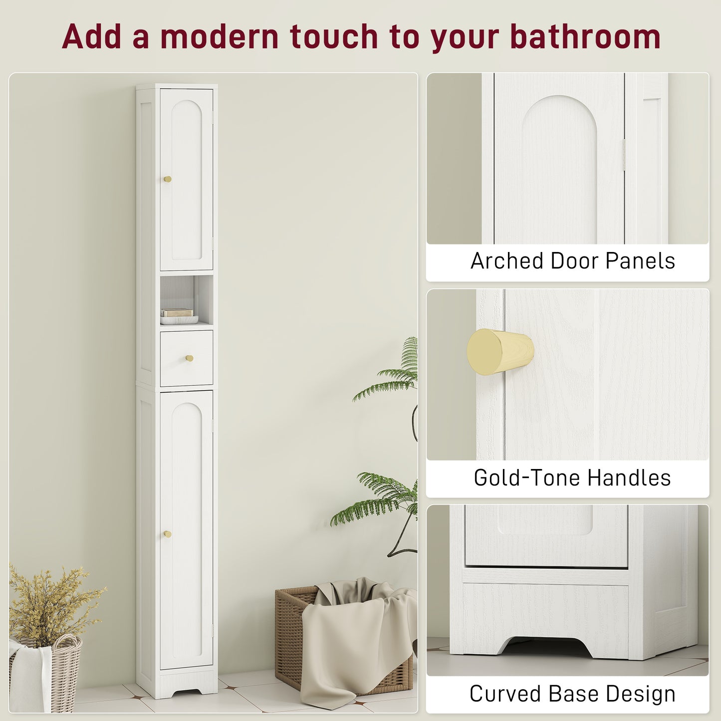 HOMCOM 185 Cm Tall White Bathroom Cabinet With Arched Doors Slim Space Saving Storage With Adjustable Shelves