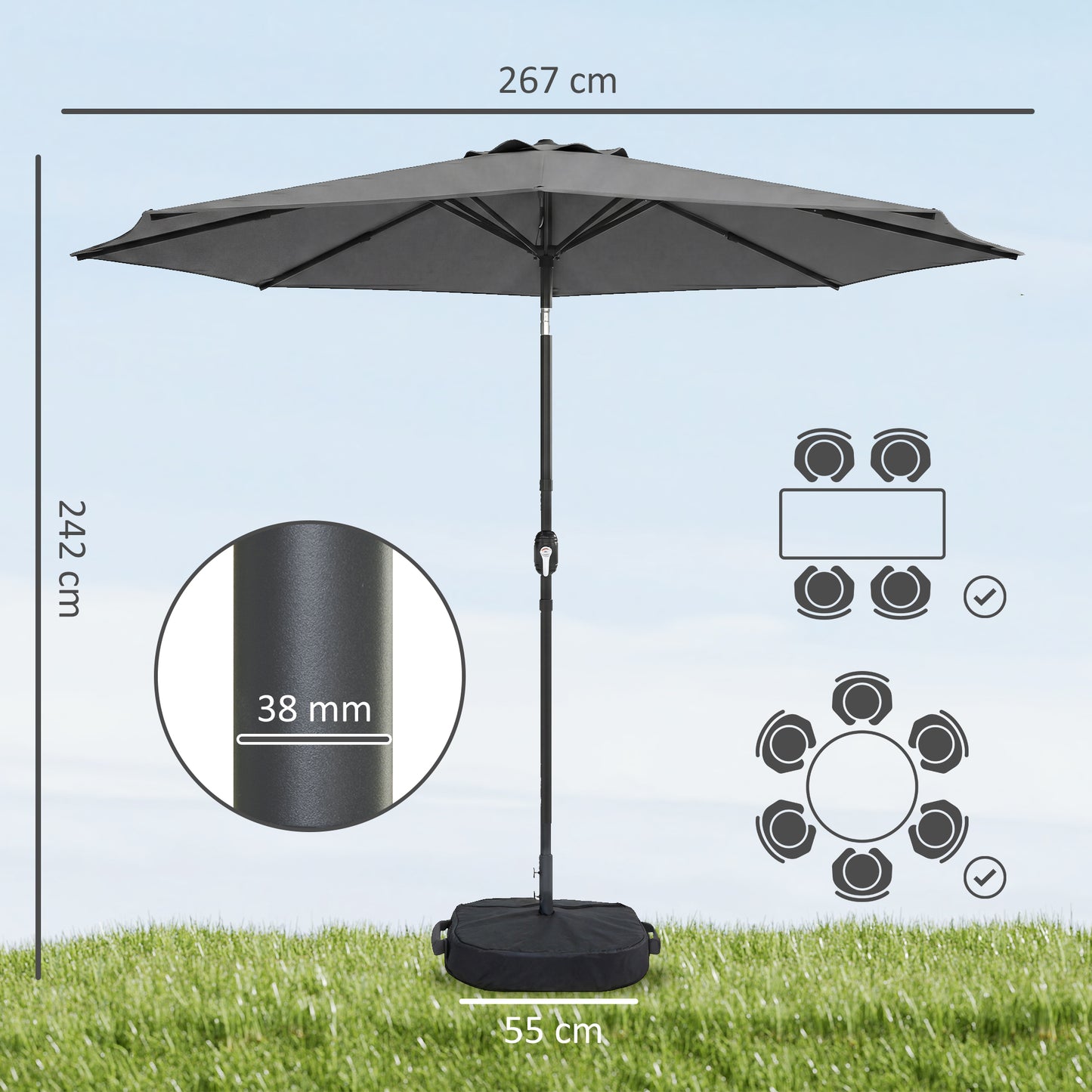 Outsunny 2.7 m Parasol Umbrella With Cross Base And Sandbag Retractable Ribs Outdoor Table Market Umbrella Light Grey