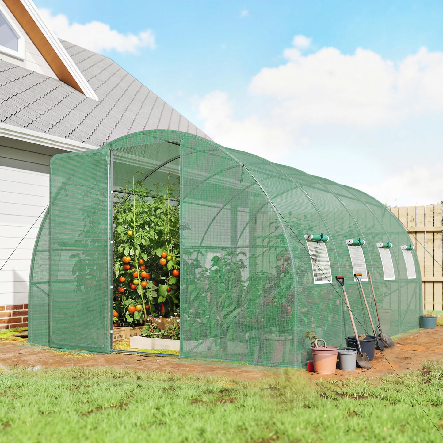 Outsunny 3 X 4 M Walk In Polytunnel Greenhouse With Hinged Door And 8 Roll Up Mesh Windows