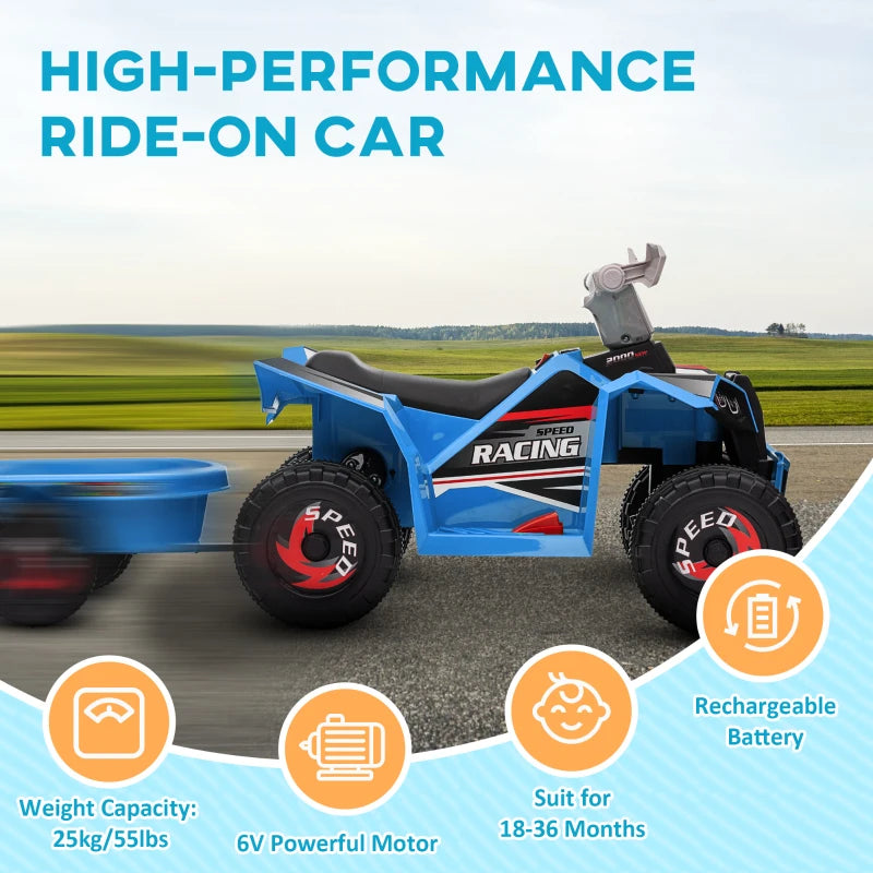 HOMCOM 6V Blue Quad Bike with Back Trailer - Wear-Resistant Wheels, Ideal for Ages 18-36 Months - ALL4U RETAILER LTD