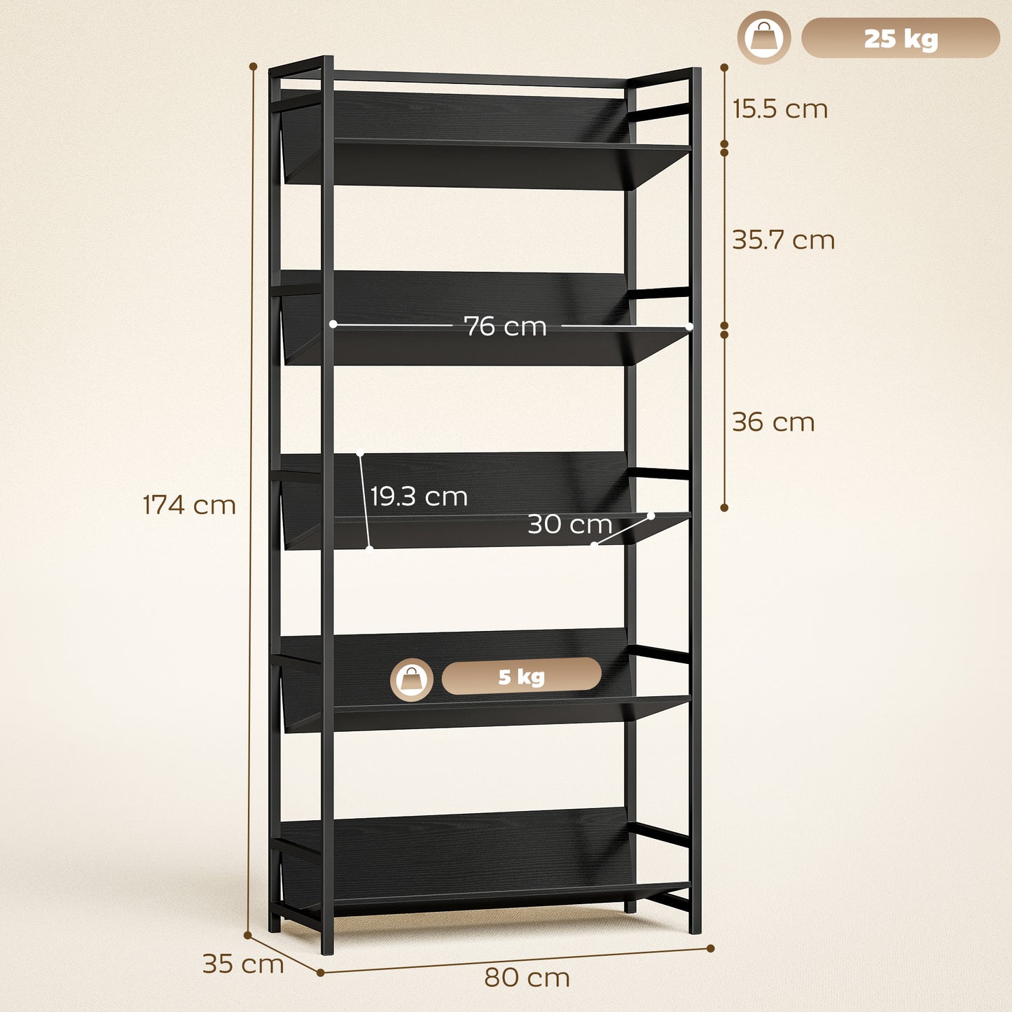 HOMCOM 5 Tier Metal Frame Bookcase Storage Shelves for Living Room Black Ideal for Organizing Books and Decor