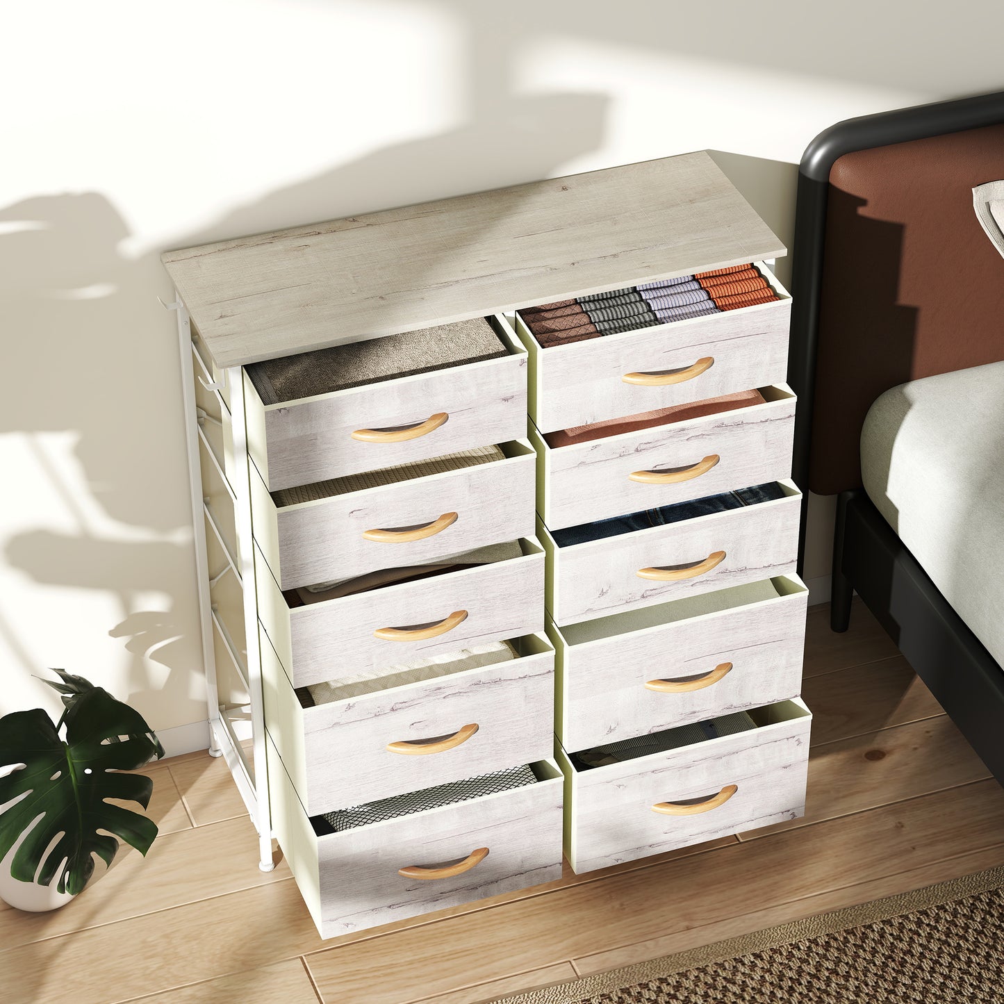 HOMCOM Ten Fabric Drawer Chest With Steel Frame And Side Pockets And Two Hooks Natural Wood Finish