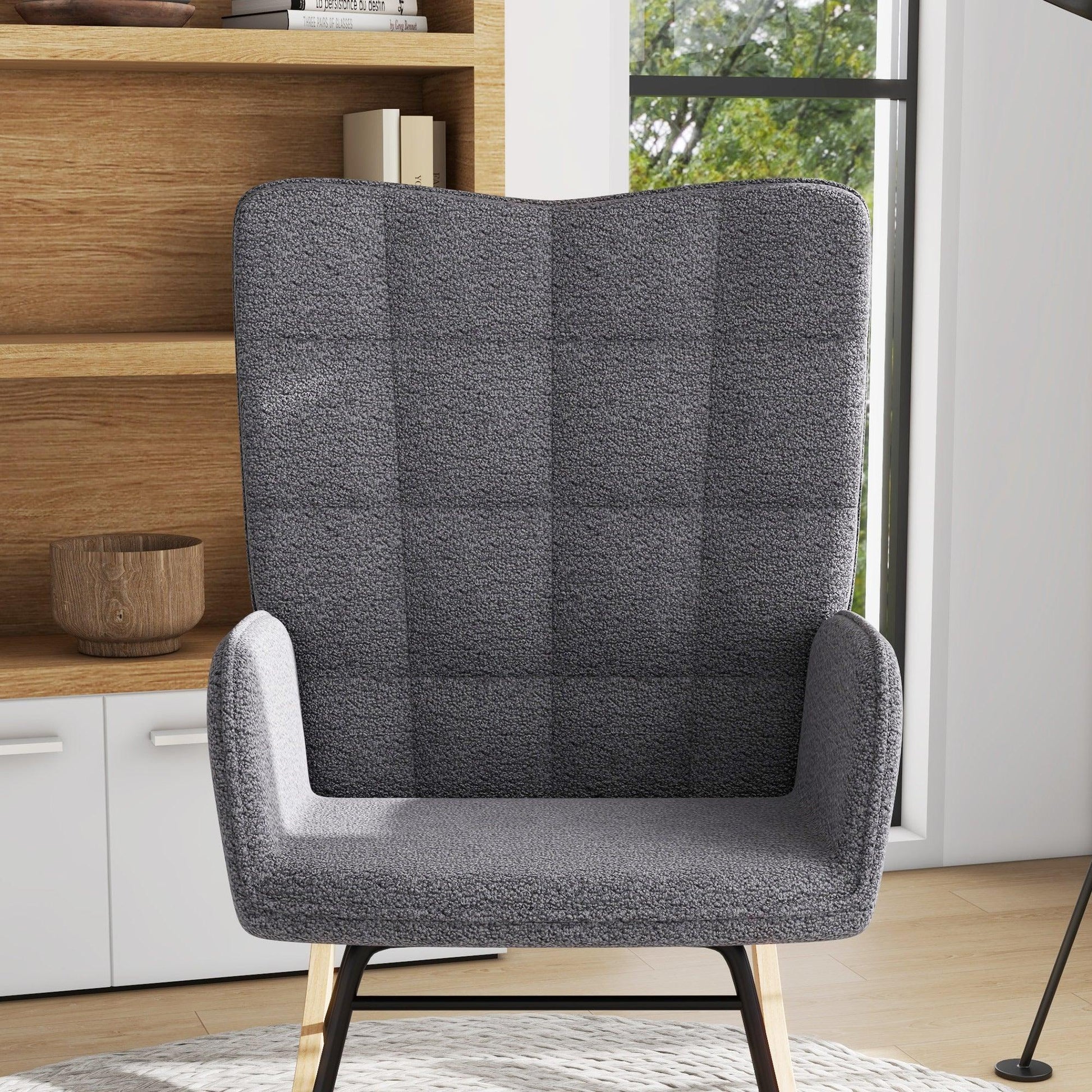 HOMCOM Wingback Rocking Chair for Nursing w/ Steel Frame and Wooden Base Grey - ALL4U RETAILER LTD