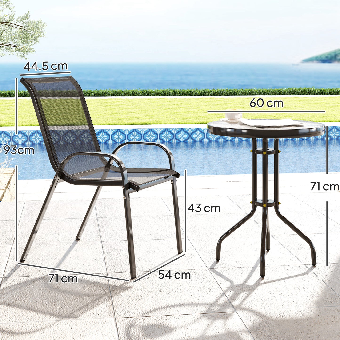 Outsunny Outdoor Garden Set With Round Table And Stackable Chairs In Black Powder Coated Steel