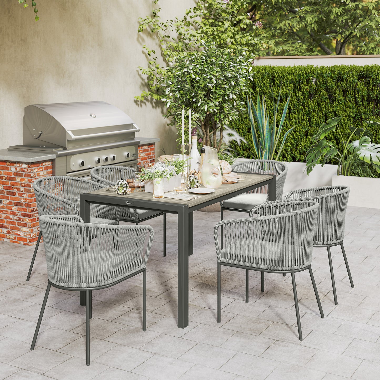 Outsunny Rattan Dining Set 6 Seater With Acacia Wood Table And 6 Chairs With Washable Seat Cushions For Outdoor