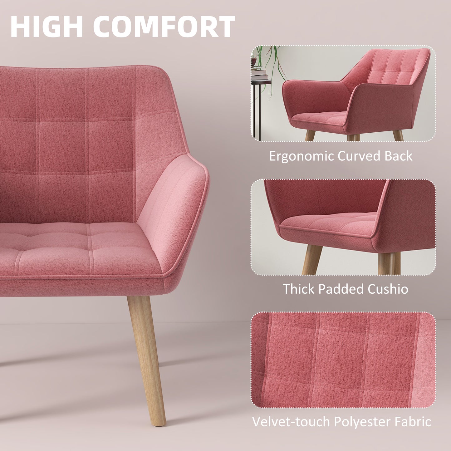 Set Of 2 Accent Arm Chairs With Slanted Back And Thick Padding Rubber Wood Legs In Pink For Living Room