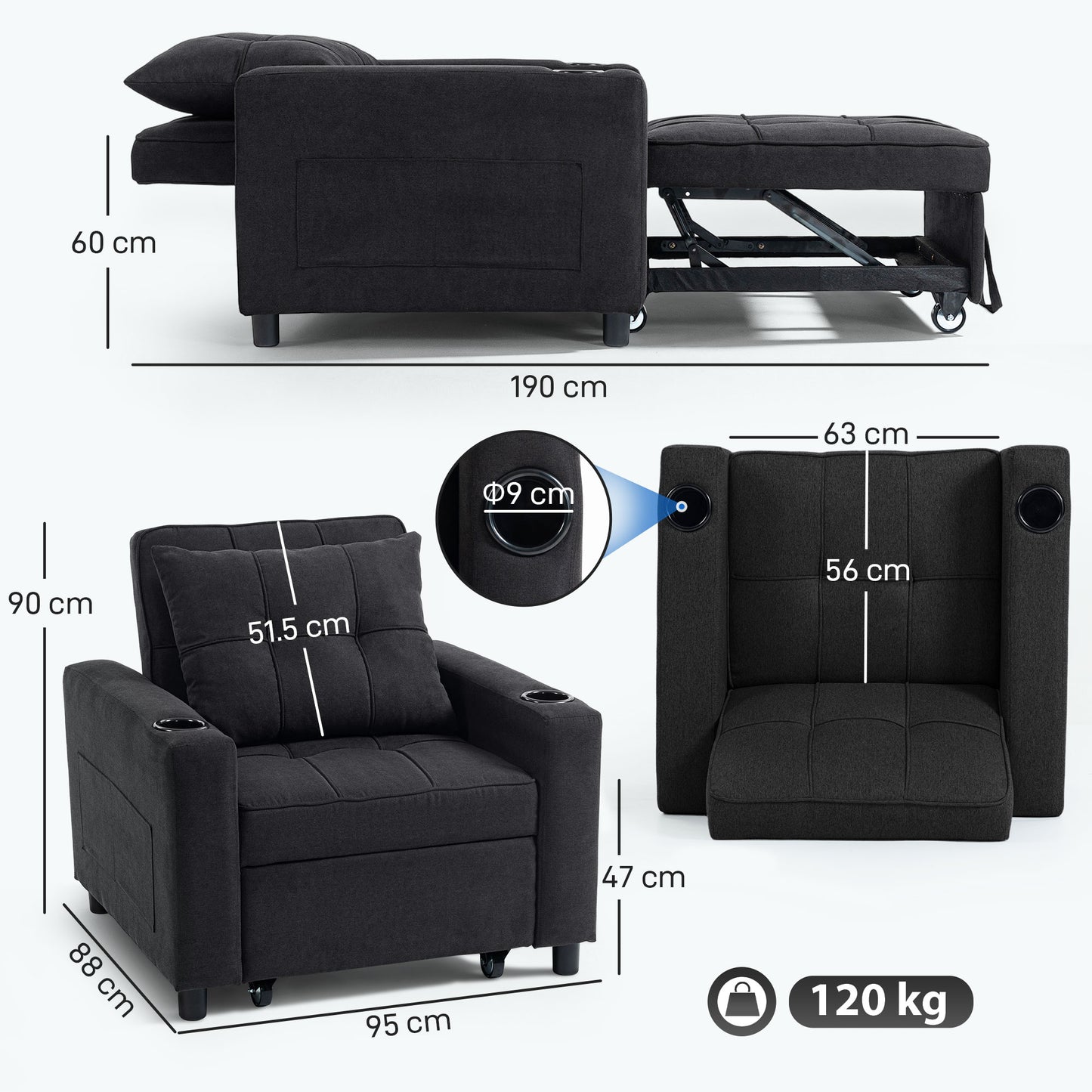 HOMCOM 3 In 1 Single Sofa Bed Convertible Sleeper Chair Bed Perfect For Small Spaces Black