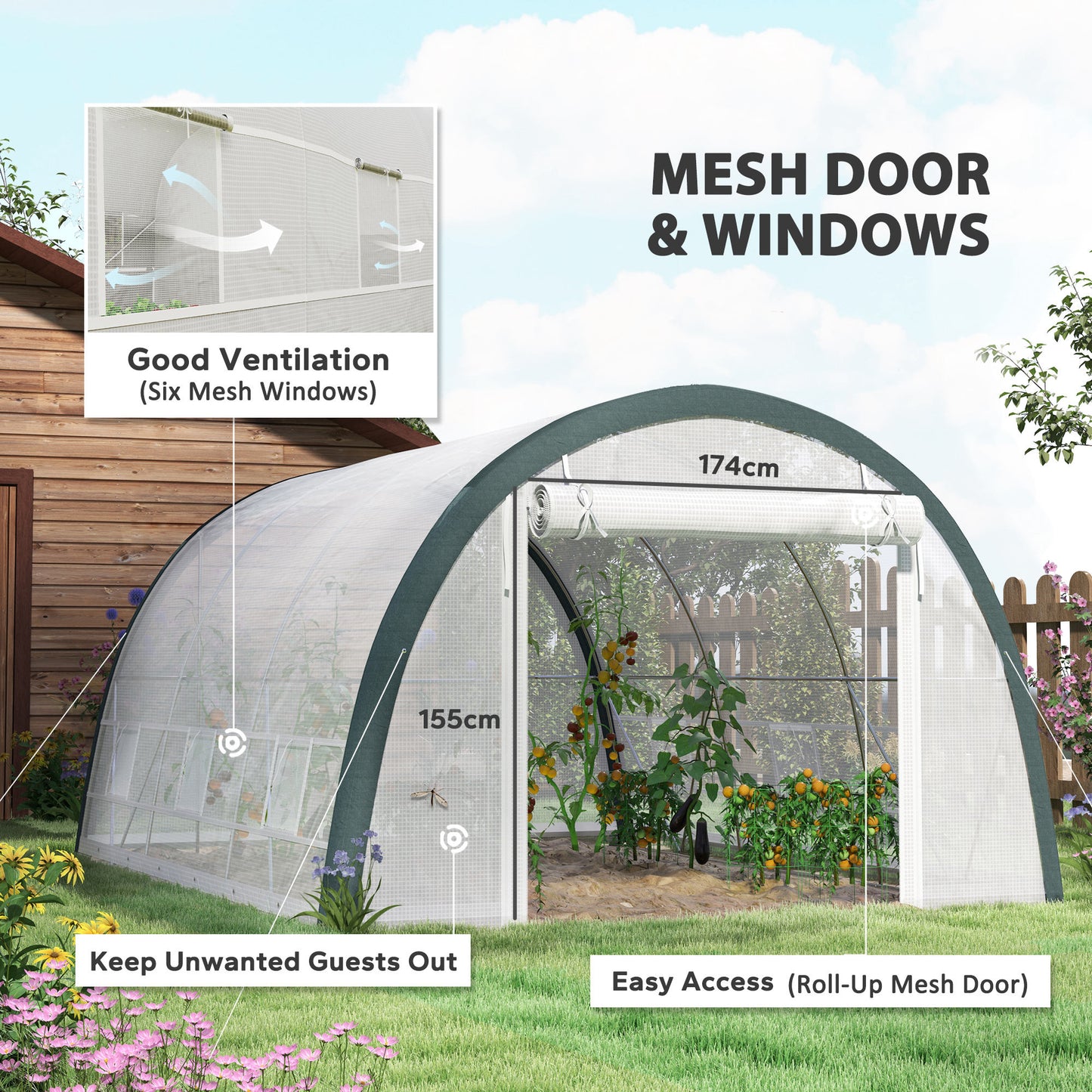 Outsunny 4x3m Walk In Polytunnel Greenhouse With Accessories Galvanized Steel Frame Two Layer Mesh Cover White