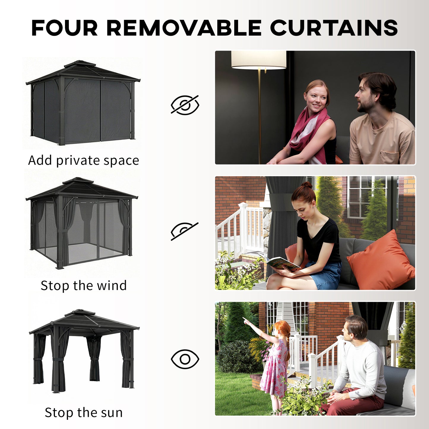 Outsunny 2.5 x 2.5 m Hardtop Gazebo With 7mm Polycarbonate Roof Netting Curtains Dark Grey