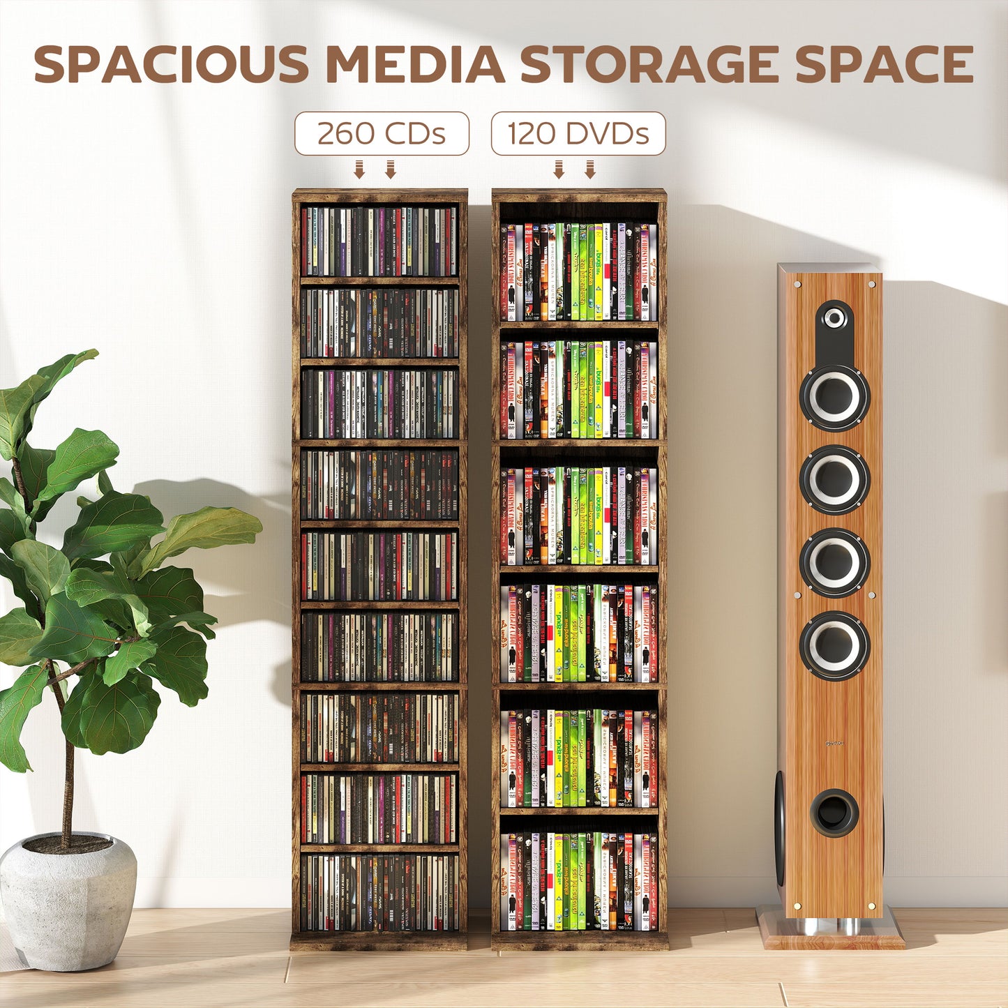 HOMCOM 260 Narrow CD Storage Unit Rustic Brown With Six Adjustable Shelves Holds Up To 260 CDs Or 120 DVDs Anti Tip