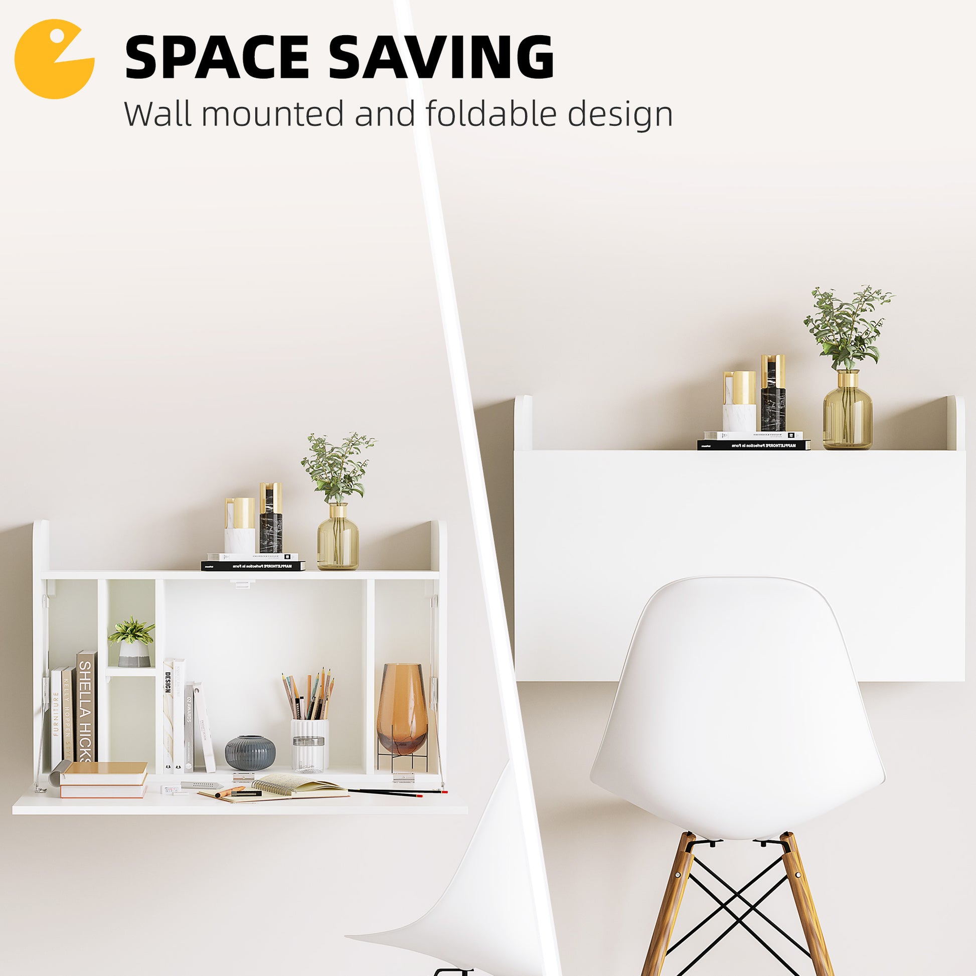 HOMCOM Space-Saving Wall-Mounted Drop Leaf Desk with Storage for Home and Office, White - ALL4U RETAILER LTD