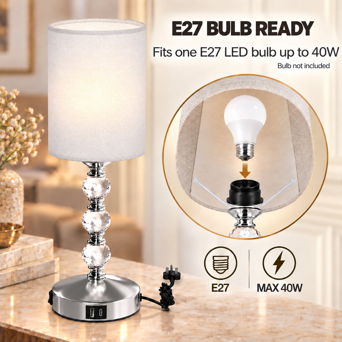 Crystal bedside table lamp with white fabric shade and E27 bulb-ready base
