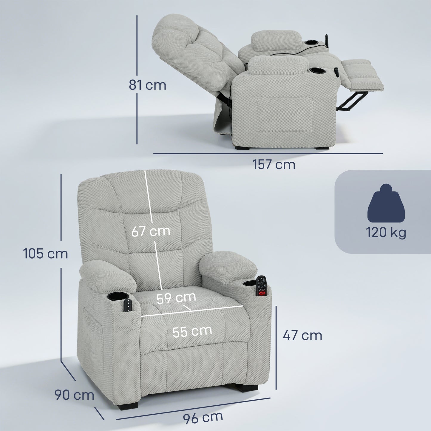 HOMCOM Electric Massage Recliner Armchair With Vibration Heat Memory Function USB Port Cup Holders Footrest Grey