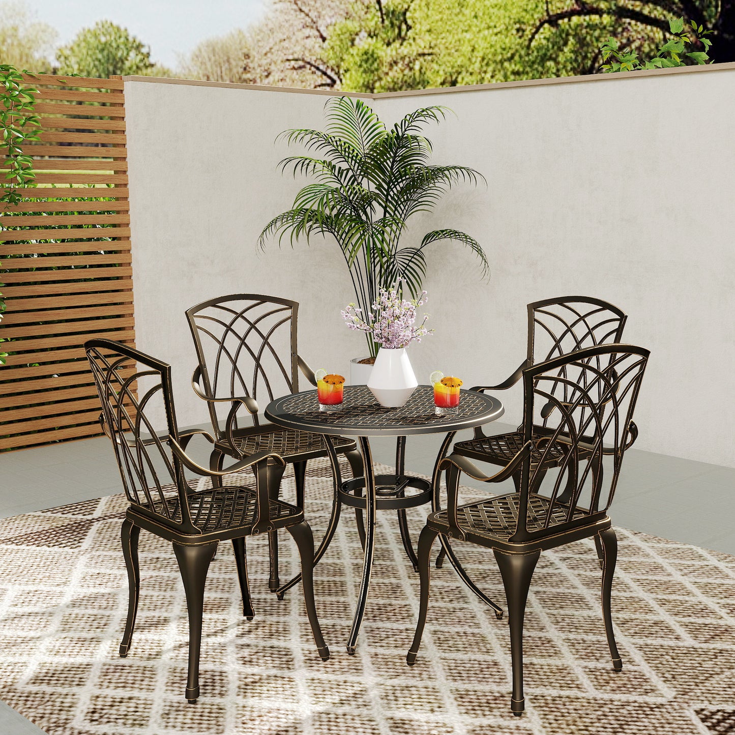 Outsunny 5 Piece Garden Dining Set For 4 Cast Aluminium Outdoor Round Table And Armchairs With Parasol Hole Bronze Tone