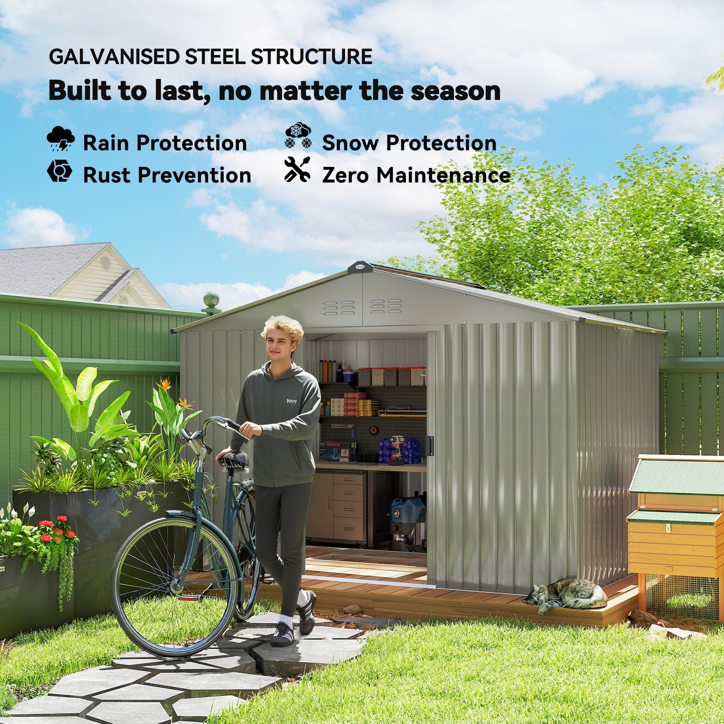 Outsunny Metal Garden Storage Shed With Foundation Kit 9 x 6 Ft Grey Lockable Double Doors And Ventilation