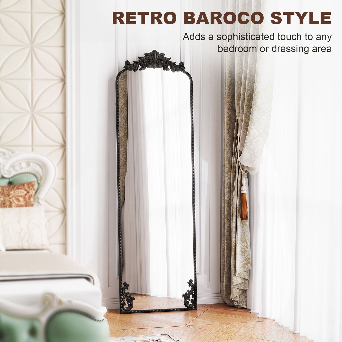 HOMCOM Baroque Full Length Floor Mirror With Black Metal Frame For Bedroom