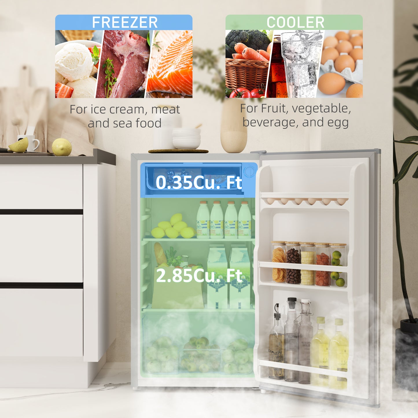 HOMCOM 91L Freestanding Under Counter Fridge With Lock Grey Ideal For Small Kitchens Bedrooms And Offices