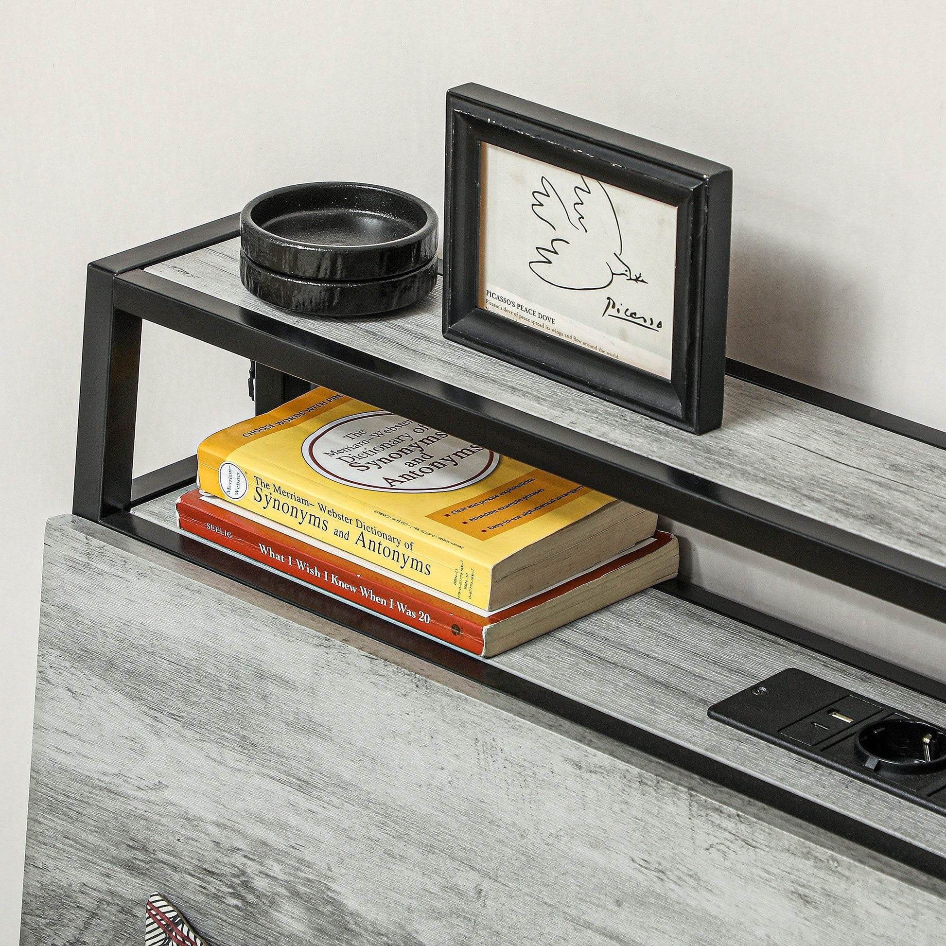 HOMCOM LED-Illuminated Single Steel Bed Frame with Charging Shelf - Grey - ALL4U RETAILER LTD