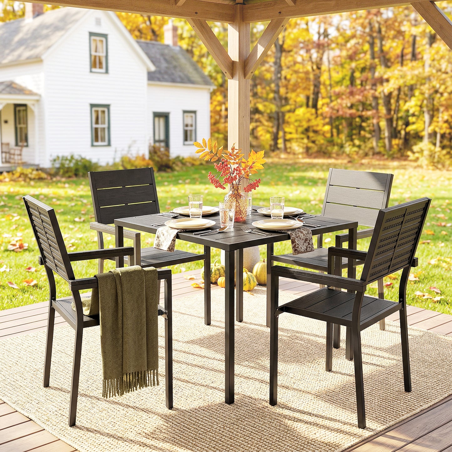 Outsunny 5 Piece Garden Dining Set For 4 With Square HDPE Table And Armchairs Black Outdoor Patio