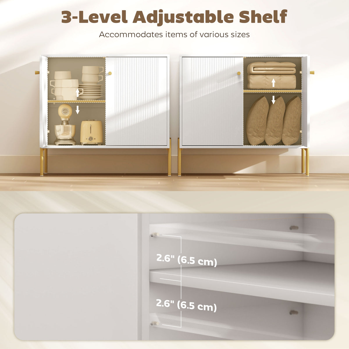 White sideboard cabinet with 3-level adjustable interior shelves behind fluted doors