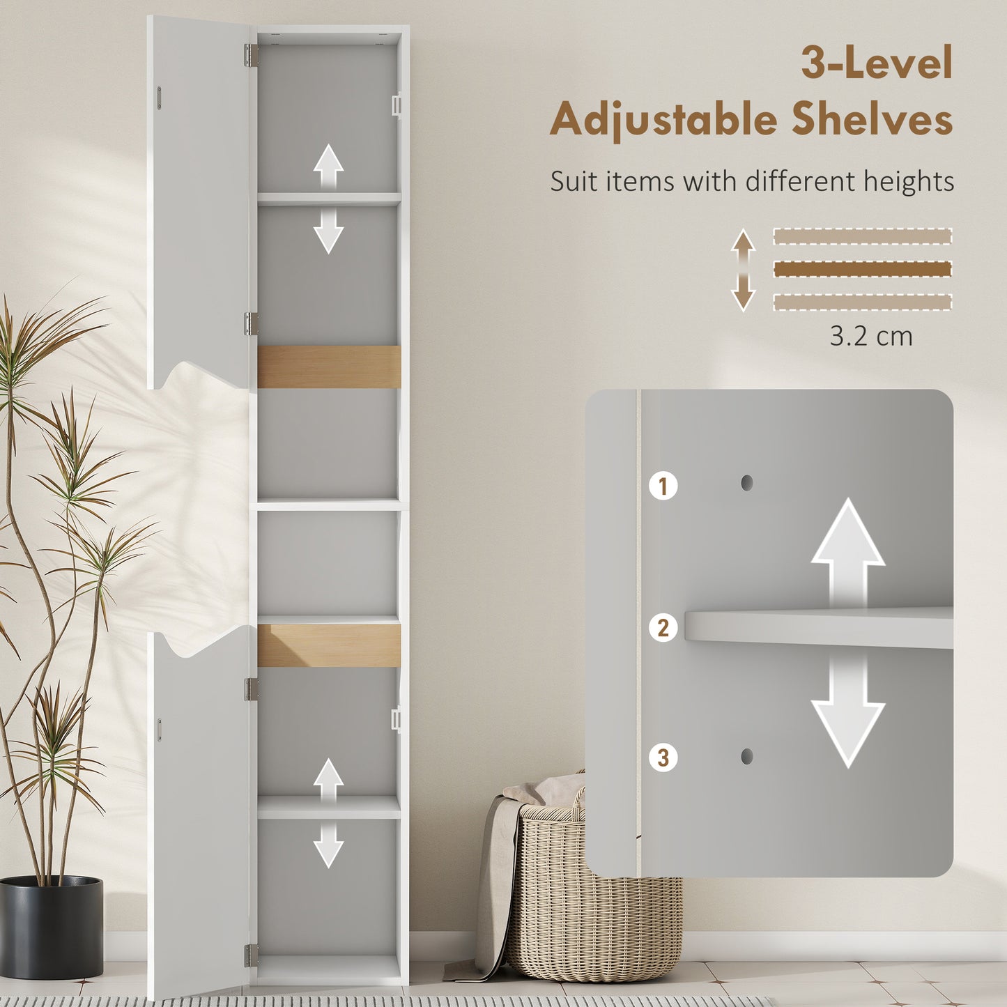 HOMCOM Tall Slim White Bathroom Cabinet With Two Doors And Adjustable Shelves For Bathroom Storage