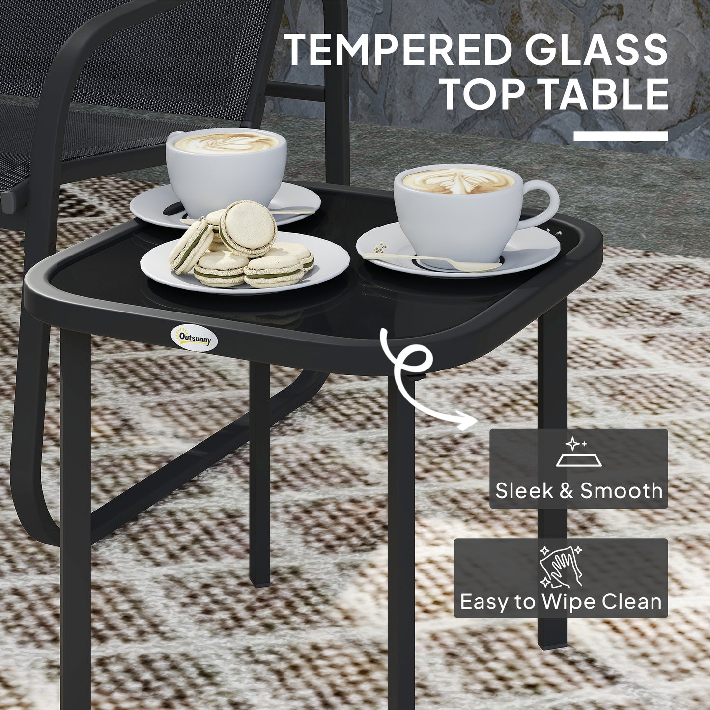 Outsunny Three Piece Garden Seating Set With Square Glass Top Table Two Armchairs Black Powder Coated Steel