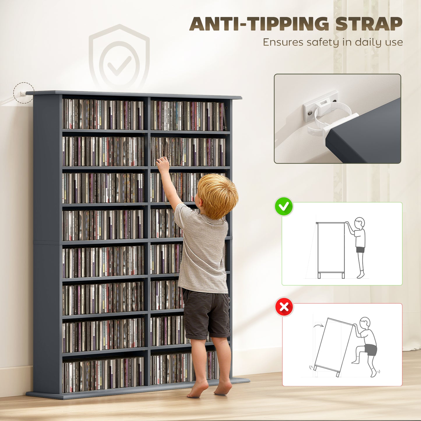 HOMCOM 16 Compartment Media Shelf Grey With 12 Adjustable Shelves Holds 720 CDs 396 DVDs Or Blu Rays Anti Tip Straps