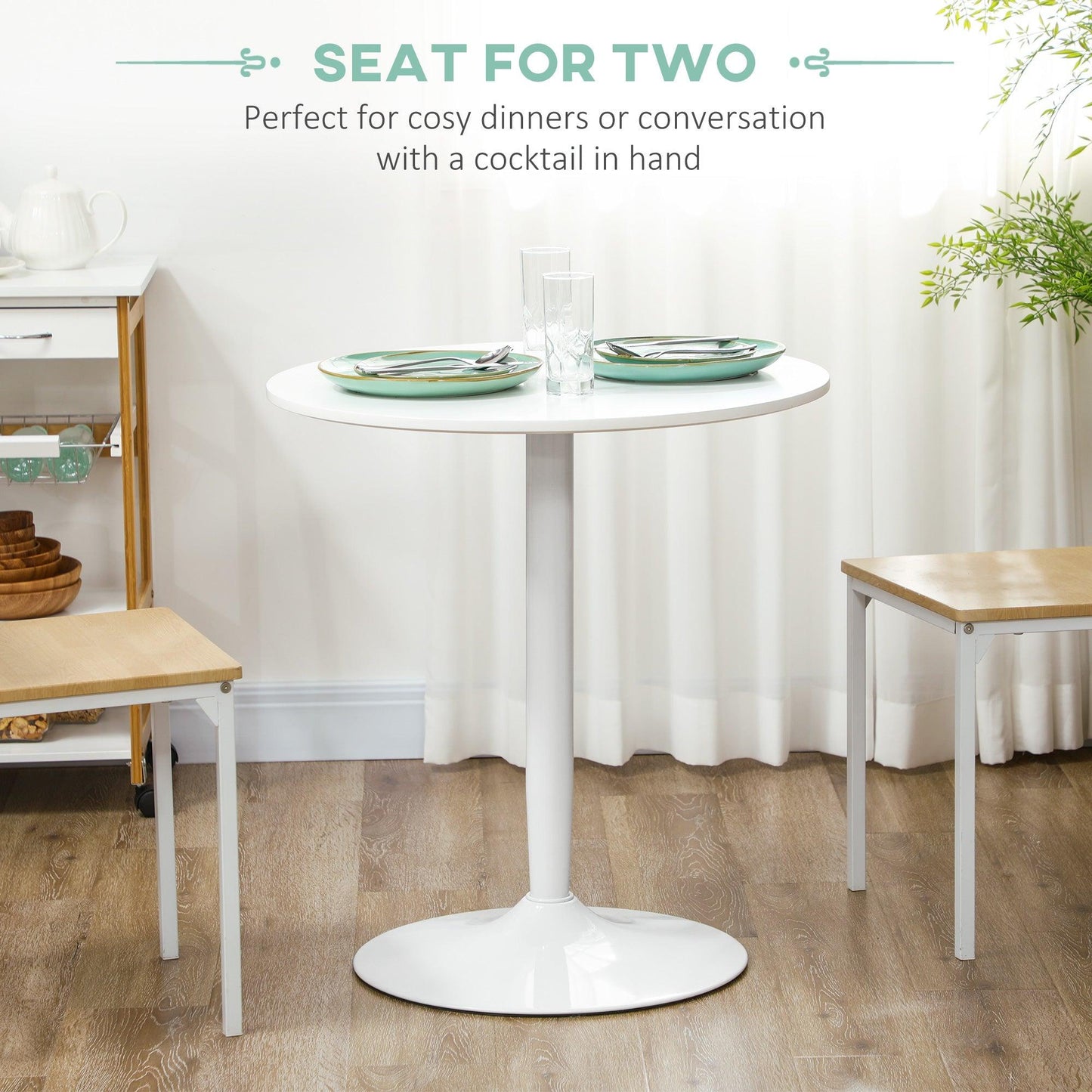 HOMCOM Modern Round Dining Table with Steel Base, Space Saving, Non-slip, White - ALL4U RETAILER LTD