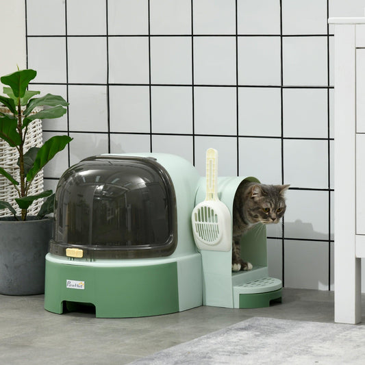 PawHut PP Cat Litter Box with Drawer Pans Scoop Openable Cover Green - ALL4U RETAILER LTD