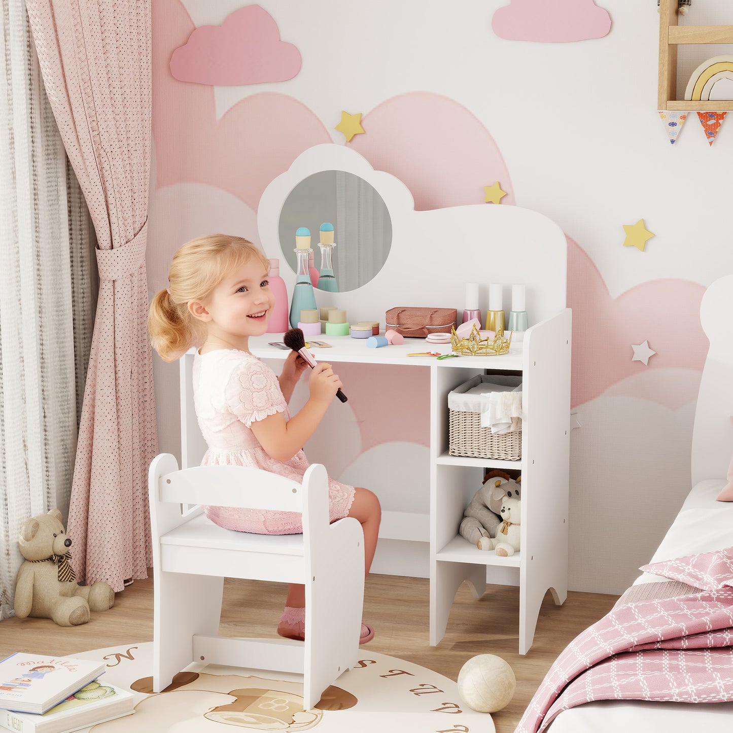 AIYAPLAY Kids Dressing Table With Mirror And Stool Vanity Table With Shelves For Ages 3 To 8 White