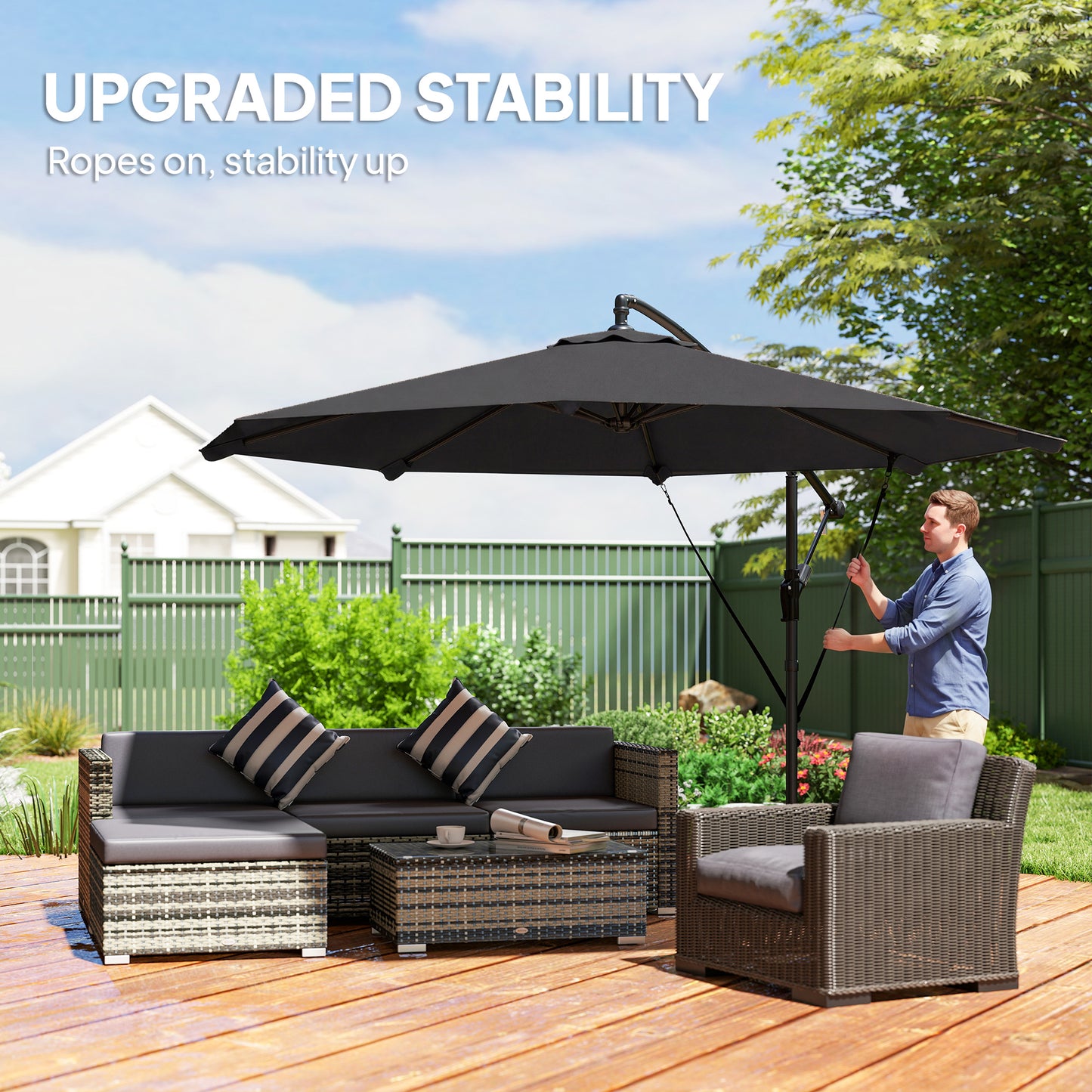 Outsunny 3m Cantilever Parasol With Protective Cover And Wind Ropes Banana Parasol With Crank Handle Black