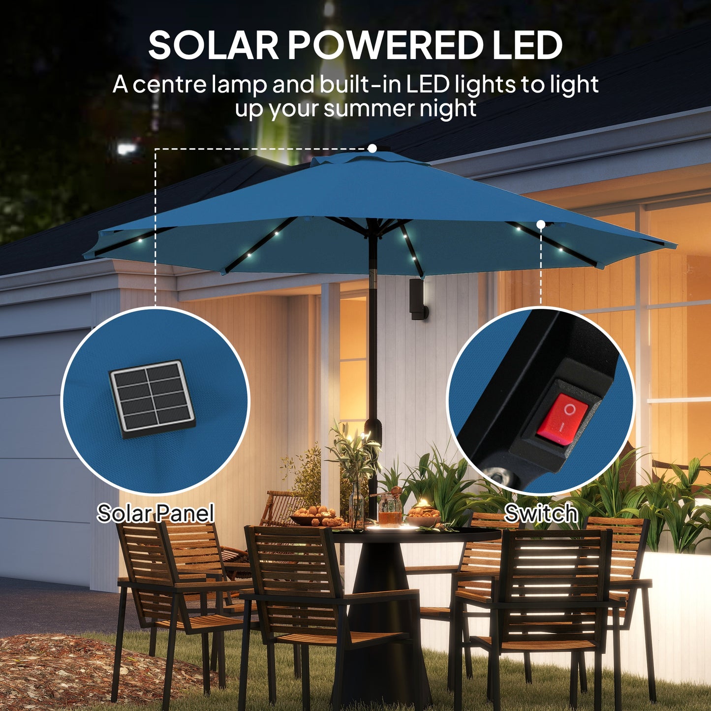 Outsunny 2.7m LED Light Parasol Umbrella Blue With 24 Solar Powered LEDs For Nighttime Ambience