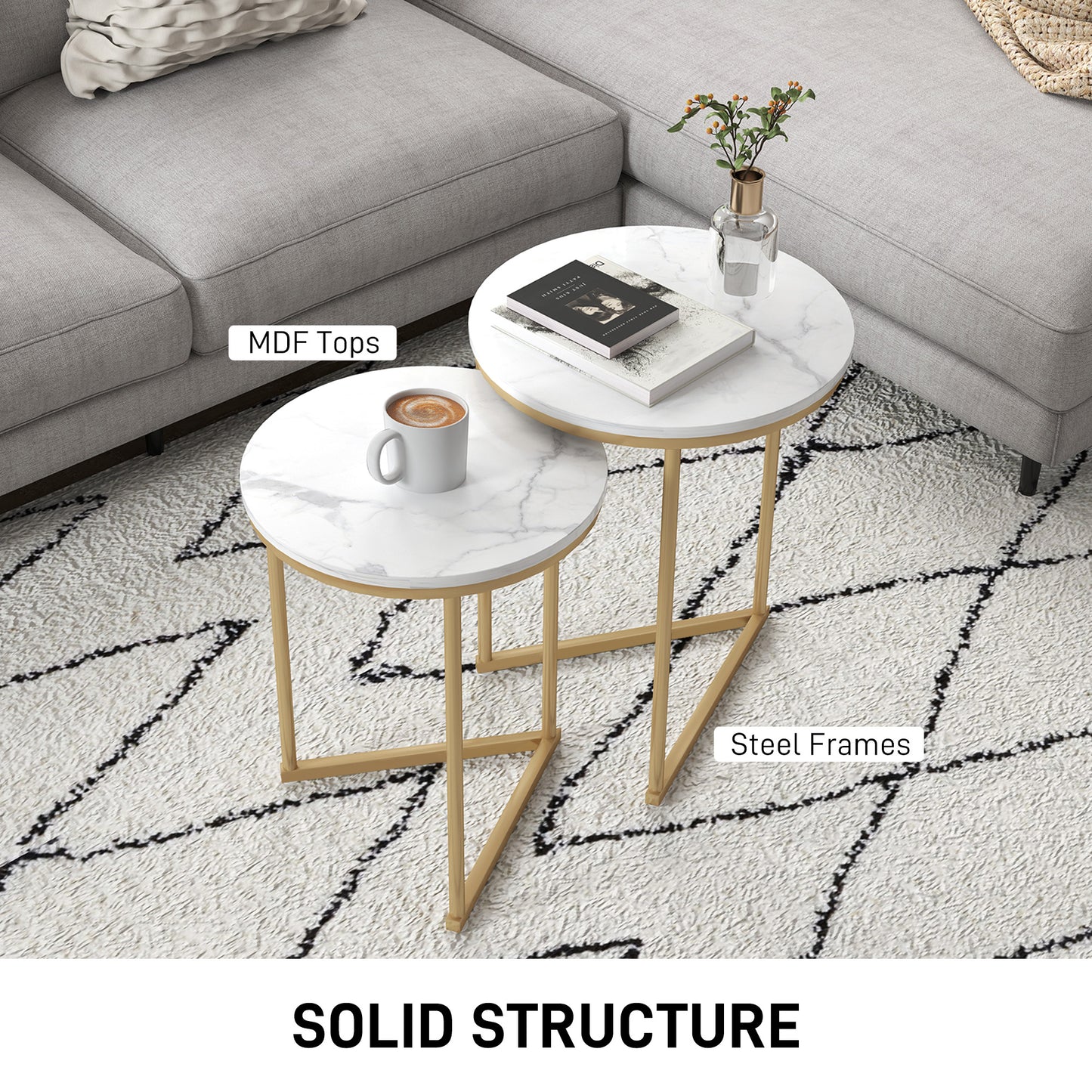 HOMCOM Marble Effect Nesting Tables Set Of Two White And Gold Tone Finish Perfect For Living Room And Hallway