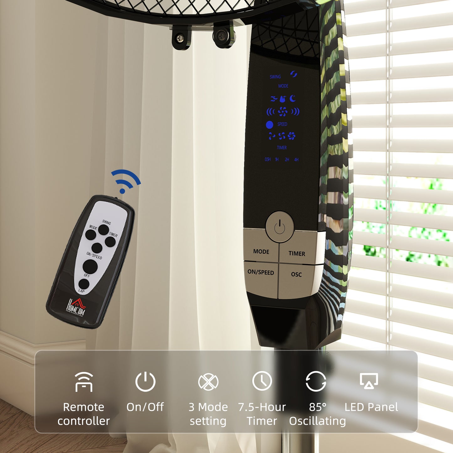 HOMCOM 16 Inch Pedestal Standing Floor Fan with Remote Control 85 Degree Oscillation Black