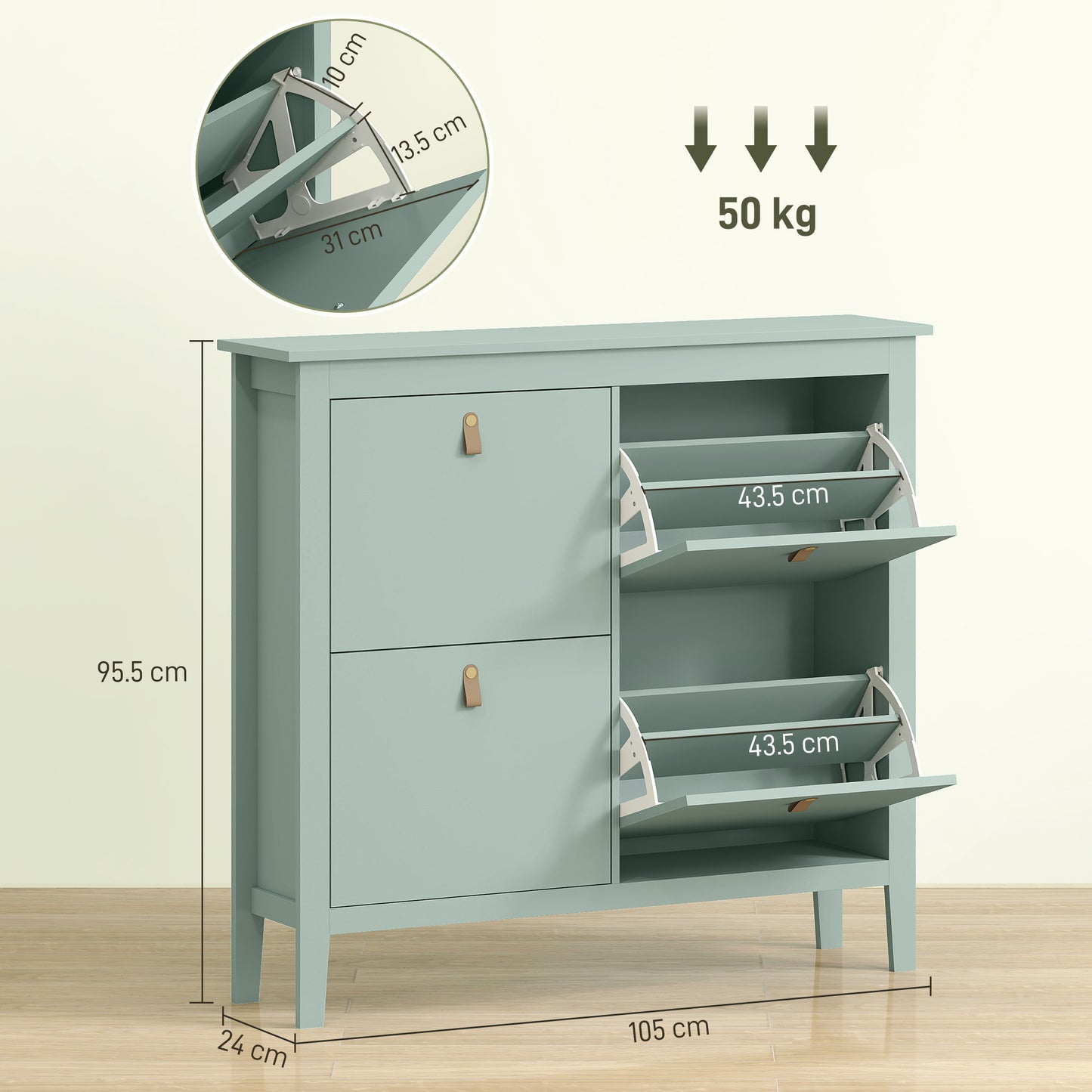 HOMCOM Modern Four Drawer Shoe Cabinet Green Slim Storage Organizer Holds 20 Pairs Shoes
