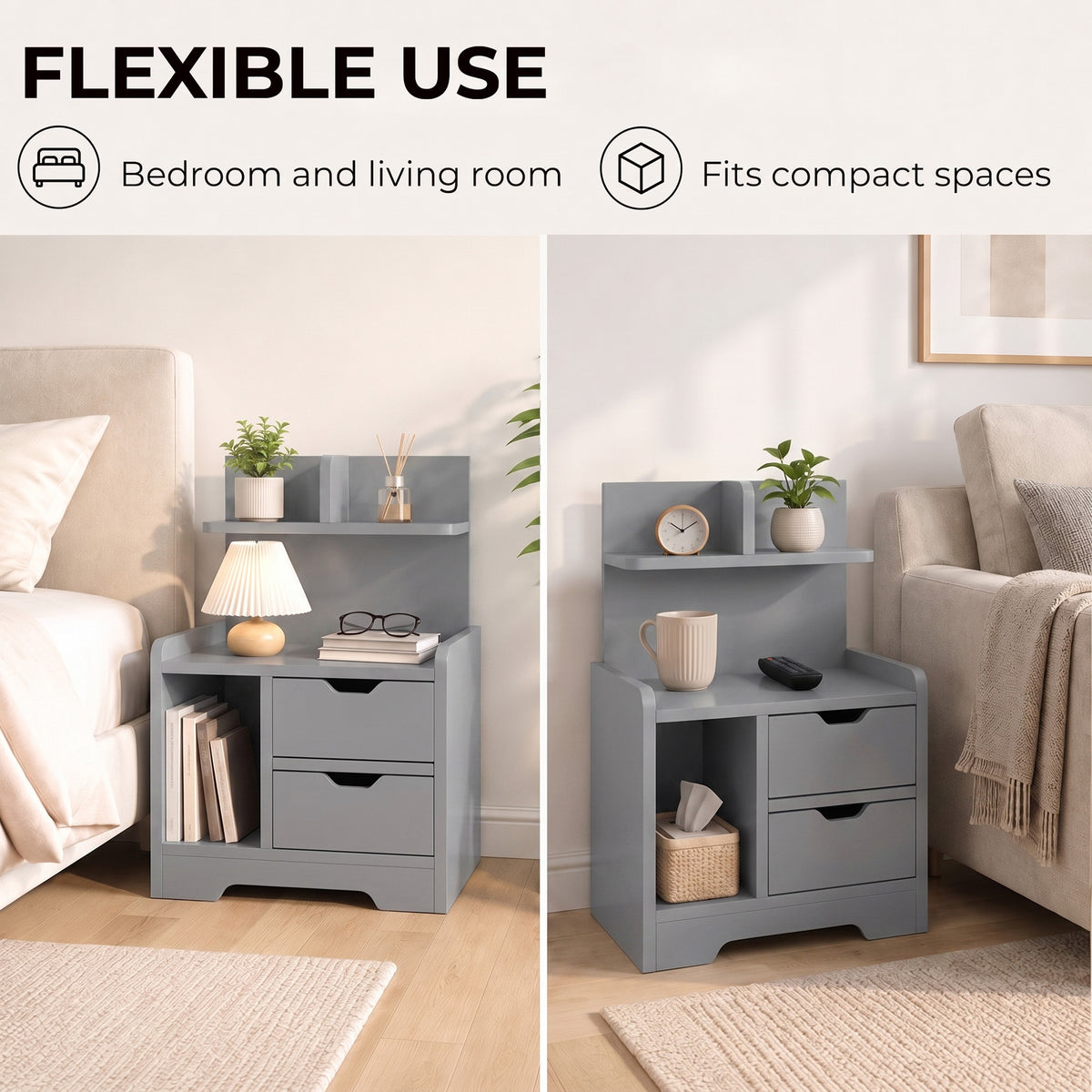 HOMCOM Grey Bedside Table with 2 Drawers and Open Storage Shelves for Bedroom